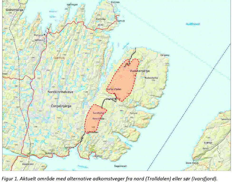 Kart over St1 sitt planlagte vindkraftanlegg på Sandfjellet og Koifjordfjellet i Gamvik kommune.
 Foto: Saksfremlegg Gamvik k-styre