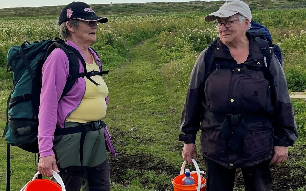 Signe Holmen fra Kvalsund (til venstre) og Signe Marie Jørgensen fra Havøysund har sammen kommet til Tamsøya for å plukke multer i over 30 år.
 Foto: Tamsøya