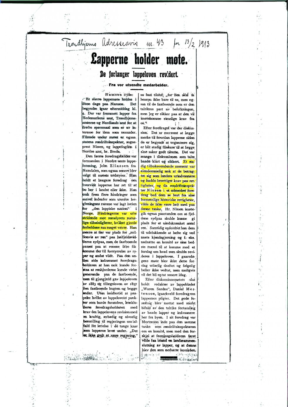 Avisutklipp fra Trondhjems adresseavis, 1913.