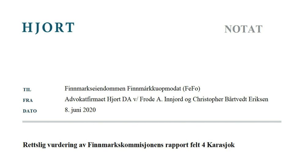 Hjort-rapporten argumenterer for at FeFo eier grunnen i Karasjok kommune, ikke lokalbefolkningen.