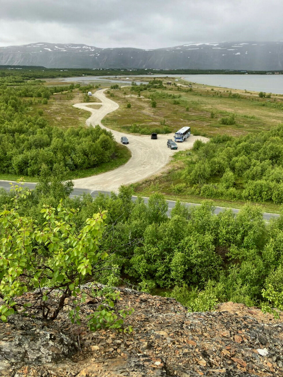 Lohtiniemi/Loftenes fotografert 21. juni 2025. Tre bobiler, én bil med campingvogn, én parkert buss, delvis uten vinduer, og biltrafikk. Vi ser rester av et tregjerde – rester etter en bevaringsplan fra 1990-tallet, som ble laget for statlige midler, men glemt.
 Foto: Privat