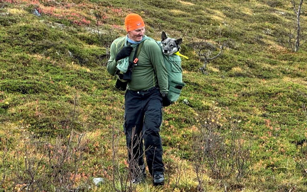 Jan-Gustav Kortsen fant elghunden Rosa forfrossen på fjellet. Jegeren brukte jakken sin som ryggsekk til å bære hunden ned til sikkerhet.
 Foto: Privat