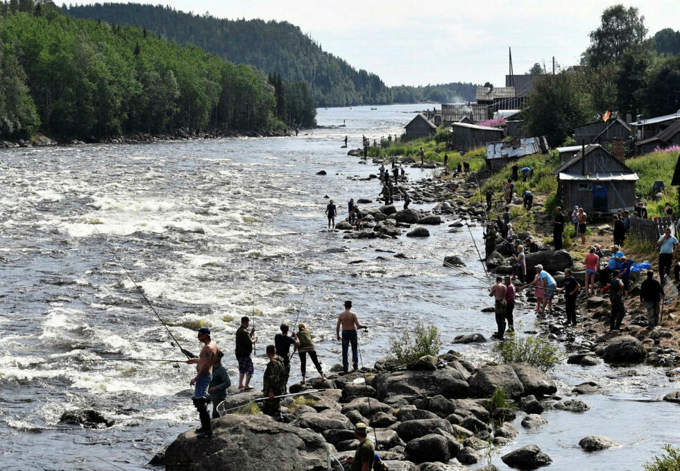 Laksefiskerne står tett i tett ved munningen av Umba.
 Foto: Murmansk fylkes nettsider