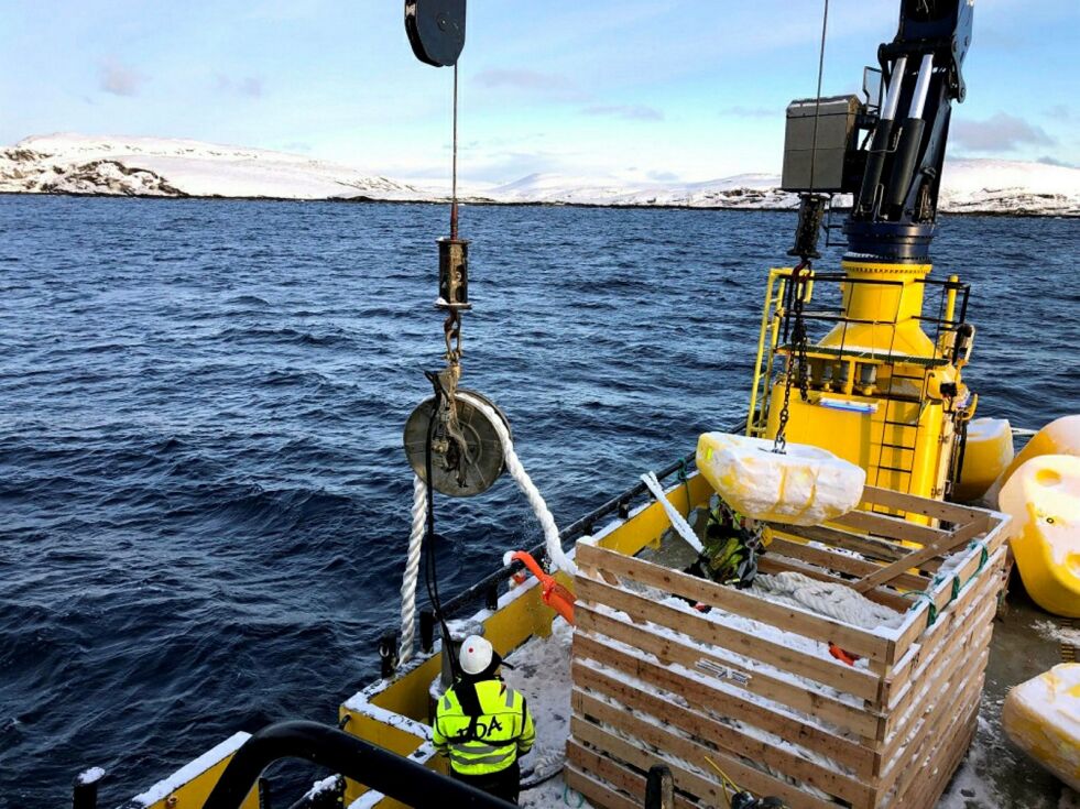 Det jobbes nå med å få ut merder til Grieg Seafood sitt nye anlegg ved Jernøya i Porsangerfjorden. Foto: Jonas Volden/Grieg Seafood