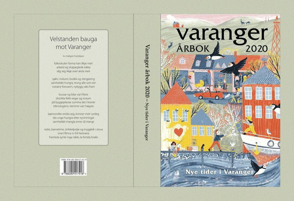 Tema for Varanger årbok 2020 er: «Nye tider i Varanger» og Jenny Løvlie fra som er født på Ekkerøy har illustrert forsiden. Boka er velfylt, har 510 sider og inneholder 39 artikler fra fire kommuner. Foto: Varanger årbok