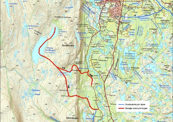Samtidig som skuteløype 14 i Porsanger ble åpnet i dag, har fylkesmannen stengt deler av løype 13 inntil videre.
 Foto: Kilde: Fylkesmannen i Troms og Finnmark.