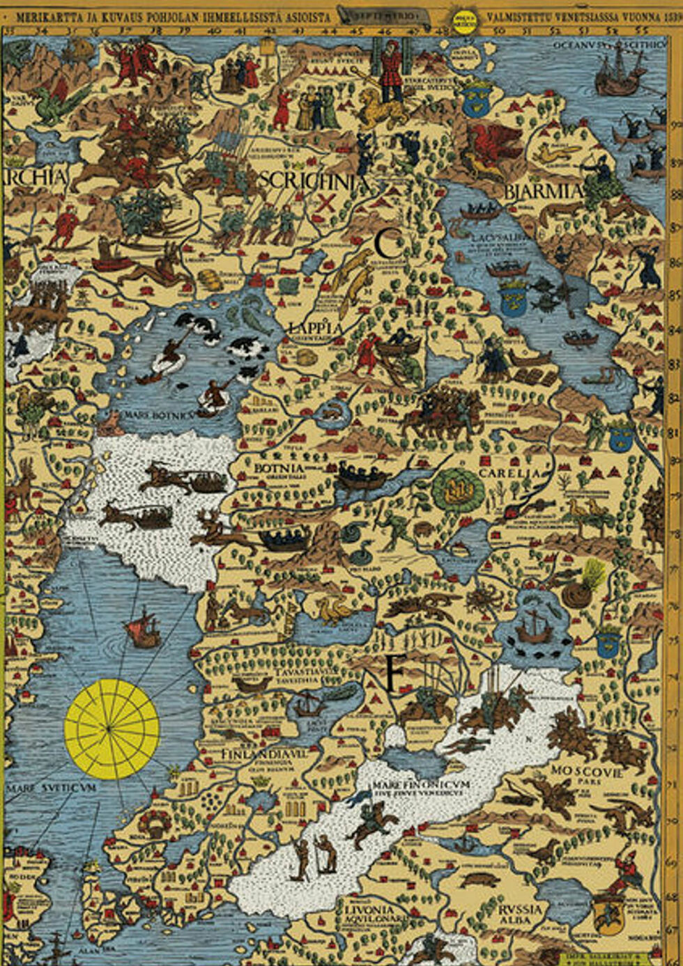 Olaus Magnus Carta marina viser deler av Sápmi og Kvænland slik man så for seg landet i middelalderen.
 Foto: Ukjent