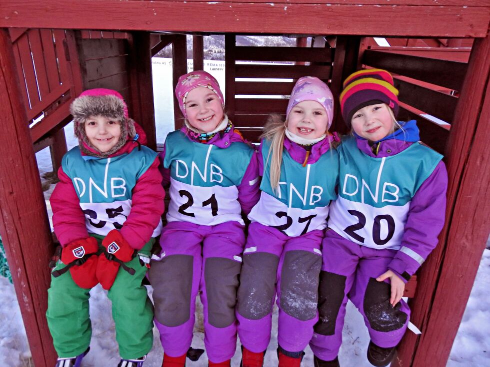 Alma Sofie Harangen (6), Lea Emilia Bergsrønning (8), Mari Louise Bergsrønning (6) og Nora Jolma (6) mener aking og lekestativet var morsomst å holde på med.
De har stått på ski også, men bruker tiden mest på å leke sammen på lekestativet.
 Foto: Frida Persen