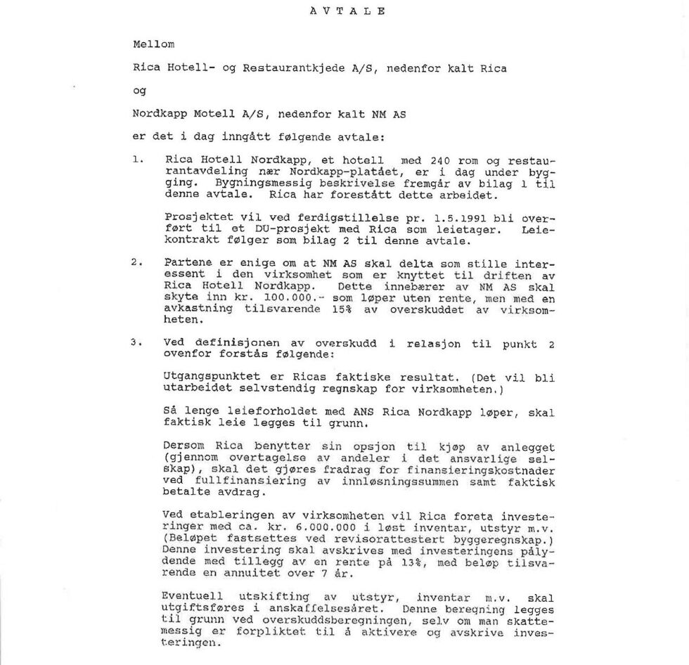 Første side av av­ta­len fra 1991 som gjor­de bygg­ing av som­mer­ho­tel­let i Skips­fjor­den mu­lig. APs Kari Lene Olsen setter nå denne avtalen i forbindelse med kontroversen om Nordkapp-platået.