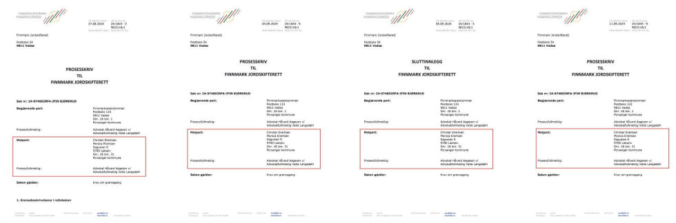 Gjennom fire prosesskriv til Finnmark jordskifterett har FeFo-advokat Håvard Aagesen og advokatfullmektig Vetle Langedahl oppgitt seg sjøl som prosessfullmektig både for FeFo samt for Monica og Christer Eilertsen.
 Foto: Faksimile av prosessskriv fra FeFo