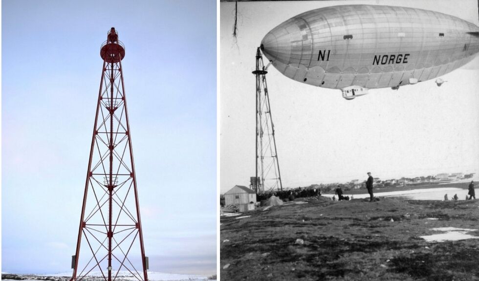 Til venstre luftskipsmasta som er foreslått fredet. Til høyre luftskipsmasta i bruk i 1926 ved landing av luftskipet «Norge».
 Foto: FFK/Vadsø museum – Ruija kvenmuseum