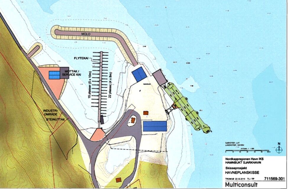 Det er lagt opp til å bygge en 140 meter lang molo i Hamnbukt, samt en sekundærmolo på 30 meter.
 Foto: Skisse fra Nordkappregionen havn IKS sin rapport