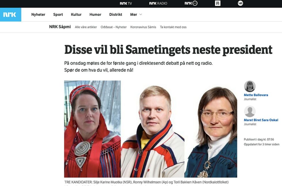 NRK tror det blir høy temperatur i debatten, sies det i forhåndsomtalen. Men Toril Bakken Kåven (til høyre) varsler at hun ikke stiller mot Silje Muotka og Ronny Wilhelmsen.
 Foto: Skjermdump fra NRK