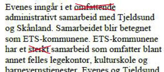 Formannskapet brukte "rødpenna" på ETS-ord.
 Foto: Faksimile fra Evenes kommunes forslag til kommuneplan