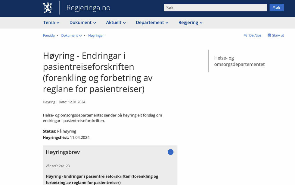 Forslag til endringer i pasientreiseforskriften har blitt sendt ut på høring av Helse- og omsorgsdepartementet.
 Foto: Skjermdump Regjeringen