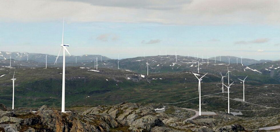 Det planlagte industriområdet på Øyfjellet ved Mosjøen er på cirka 55 km² med 72 turbiner, 200 meter høye med en rotordiameter på 160 meter. Foto/illustrasjon: fra Alcoas konsesjonssøknad