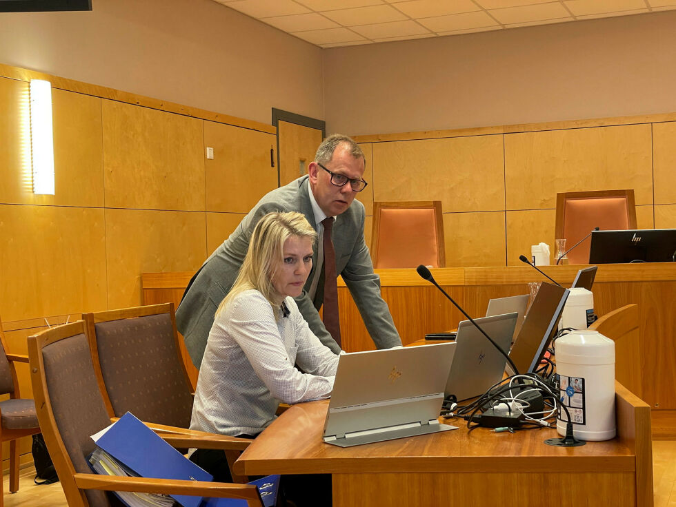 Bisitter/sakkyndig vitne Linda Bergstrøm og aktor Thorbjørn Klundseter. Bergstrøm forklarte at grunnlaget for hele tiltalen er at pengestrømmene er fulgt og varestrømmen analysert.
 Foto: Birgitte Wisur Olsen