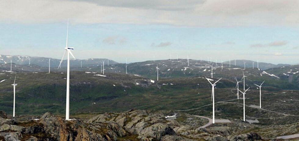 Det plan­lag­te in­du­stri­om­rå­det på Øy­fjel­let ved Mo­sjø­en er på cir­ka 55 km² med 72 tur­bi­ner, 200 me­ter høye og 160 m ro­tor­dia­me­ter. Foto/il­lust­ra­sjon: fra Alcoas kon­se­sjons­søk­nad