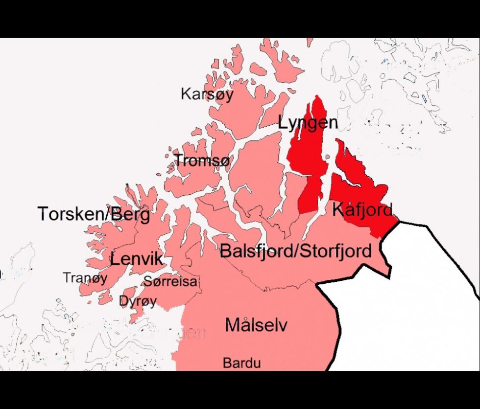 Gáisi valgkrets består av kommunene Kåfjord, Storfjord, Lyngen, Karlsøy, Tromsø, Balsfjord, Målselv, Bardu, Lenvik, Berg, Torsken, Tranøy og Sørreisa. De fleste førstekandidatene kommer fra to av kommunene.
 Foto: Kartillustrasjon: Steinar Solaas