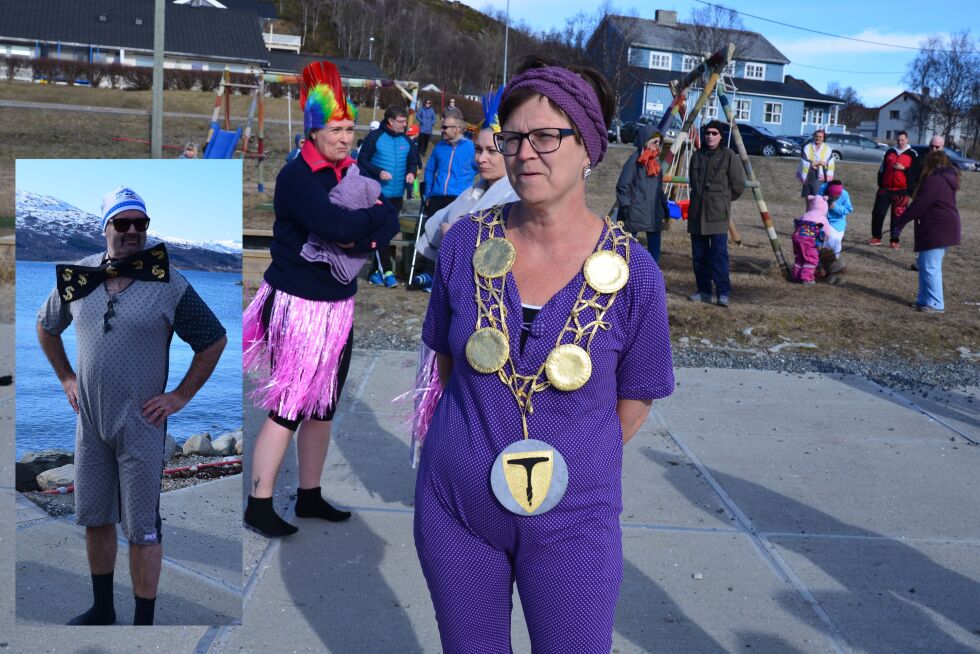 Både ordfører Helene Berg Nilsen og rådmann Torbjørn Simonsen (innfelt) iførte seg badetøy og hoppet i havet utenfor Evenskjer.
 Foto: Steinar Solaas