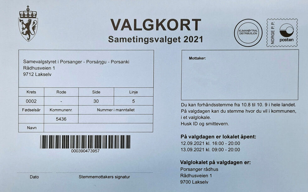 Valgkort sametingsvalget 2021. Personalia fjernet.
 Foto: VALGKORT