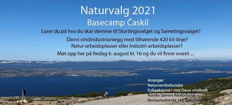 Fredag inviteres til naturvalg i forbindelse med det kommende stortingsvalget og sametingsvalget. Det vil også bli åpne diskusjoner vedrørende utbygging av Davvi vindindustriannlegg med den tilhørende 420 kV-linja.
 Foto: Privat