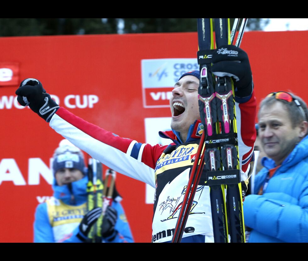 Finn Hågen Krogh ledet fra start til mål da han sikret seg sitt første NM-gull i Tromsø. På bildet jubler han over andreplassen i Tour de ski tidligere i vinter.
 Foto: Scanpix