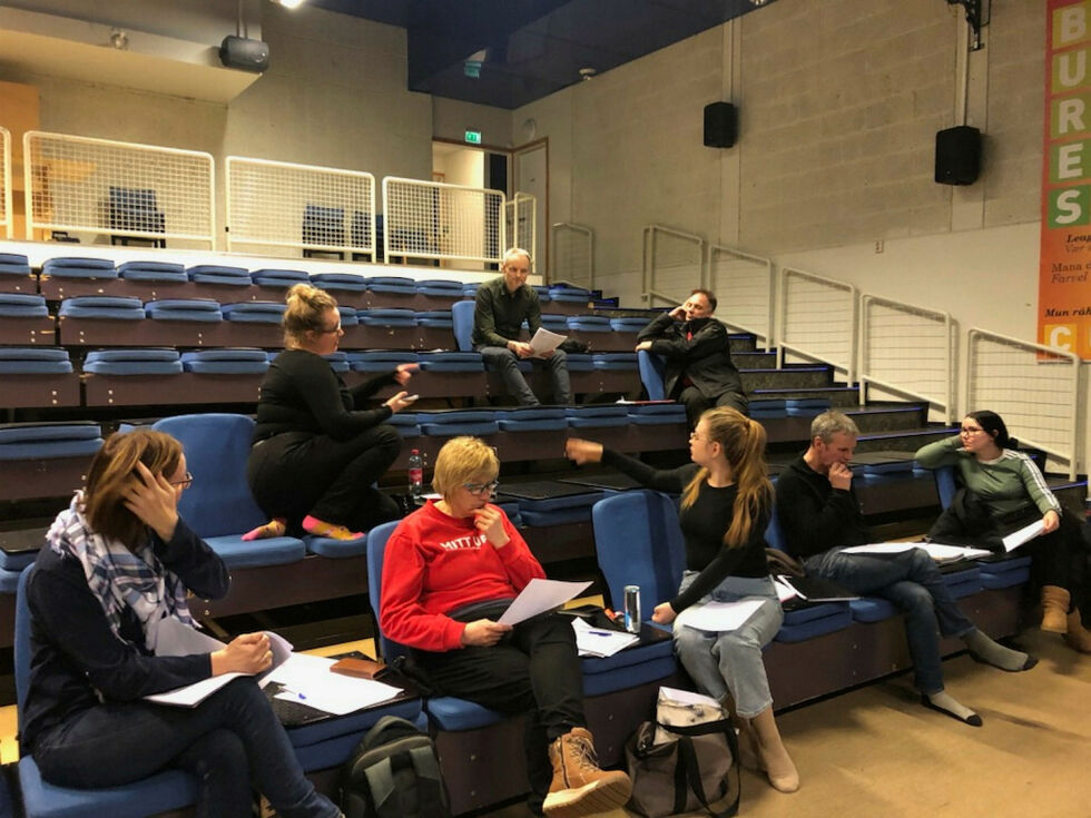 Revygjengen har øvd seg gjennom tolvtimers økter før fredagens premiere. Foran fra venstre: Randi Pedersen, Britt Elin Hætta, Frida Bruun, Sverre Kimo Pedersen og Iselin Daniloff. I midten Ane Tobiassen og Håkon Kjølås. Bakerst Torstein Emanuelsen.
Foto: Privat