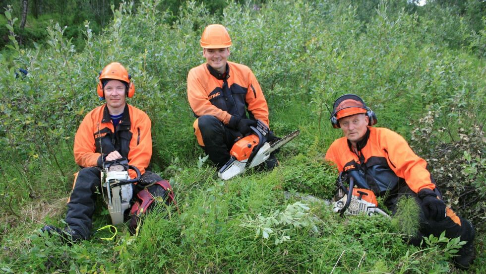 Fra venstre: Johan Daniel Eira, Klemet Anders Bals og Johan Mathis J. Gaup, alle fra Kautokeino, tar seg en velfortjent pause fra skogryddinga i Porsanger.
 Foto: Anthon Sivertsen