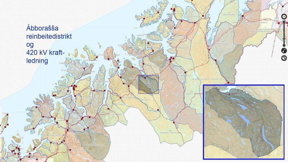 Ábborášša reinbeitedistrikt ligger i Kvænangen kommune i Nord-Troms. Den røde stripa er kraftlinjetraseen. Linja berører Ábborášša reinbeitedistrikt i en 12 kilometers strekning helt nord i distriktet, hvorav fem kilometer ligger vest for et sperregjerde til nabodistriktet Fávrrosorda, et område som Ábborášša av den grunn ikke har adgang til.
 Foto: kilden.nibio.no
