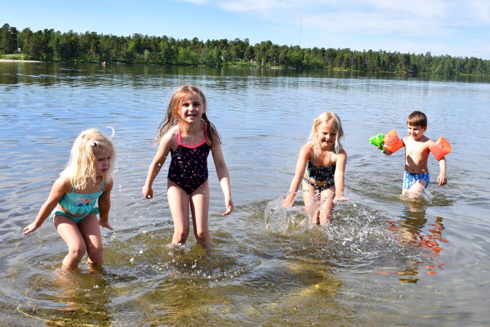 Eline Skaug Hallonen, Iselin Marie Hallonen, Synne Skaug Hallonen og Isak Andreas Hallonen kan ikke bedre ha det enn på stranda i Sevettijärvi.
 Foto: Birgitte Wisur Olsen