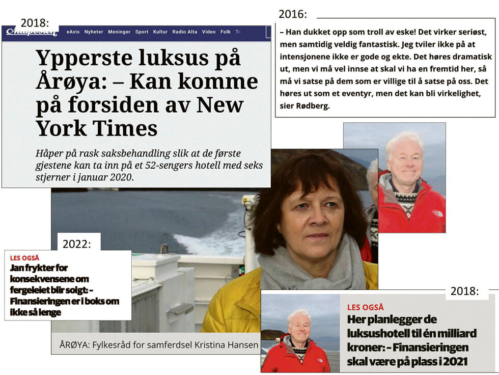 Det er flott med store planer! Men hva med å støtte opp under det som allerede ER? Loppa, Hasvik, Sørøya og Måsøy har fisketurister, fotturister, ansatte i fiskeindustrien og næringsgods som reiser til og fra IDAG. Alle disse trenger bedre båt- og fergetilbud. NÅ.
 Foto: Montasje, faksimiler fra iFinn