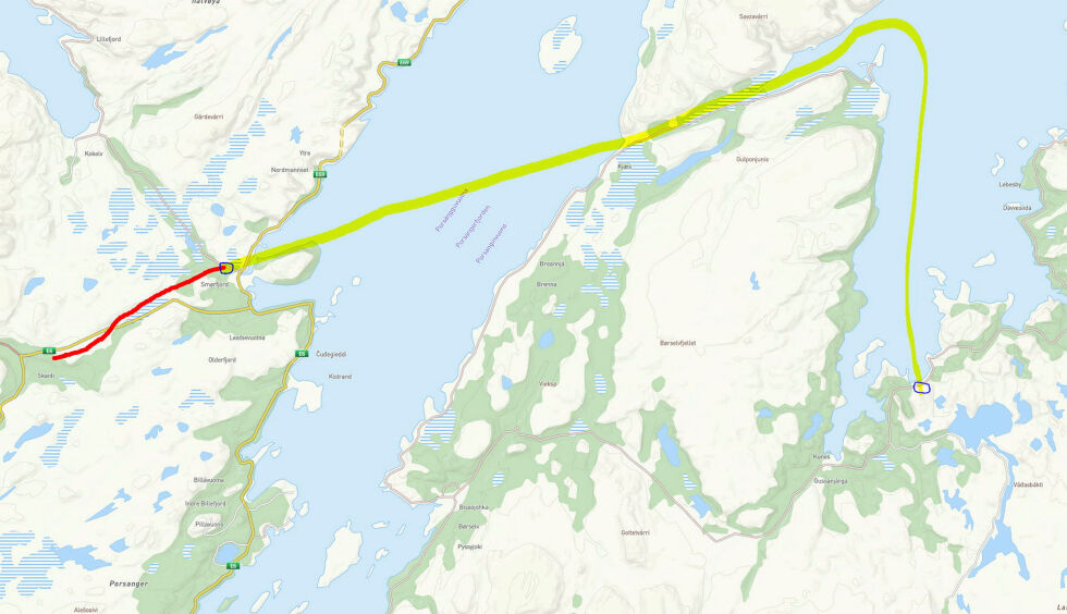 Kartutsnitt som viser en alternativ vei for 420kV linja.
 Foto: Kart