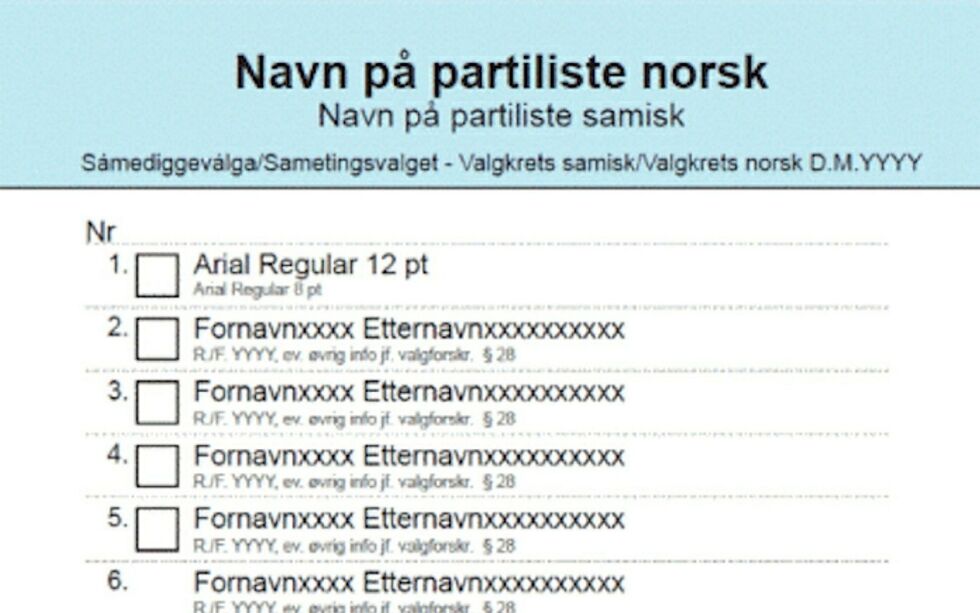 Slik ser den samiske stemmeseddelen ut i forskrift til sametingsvalget. Illustrasjon: Lovdata