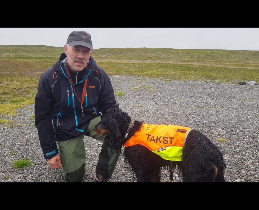 Per Gunnar Johansen fra Vest-Finnmark fuglehundklubb var nylig i området ved Storelva på Ifjordfjellet for å taksere rypebestanden, sammen med hunden Luna.
 Foto: Tom Hardy