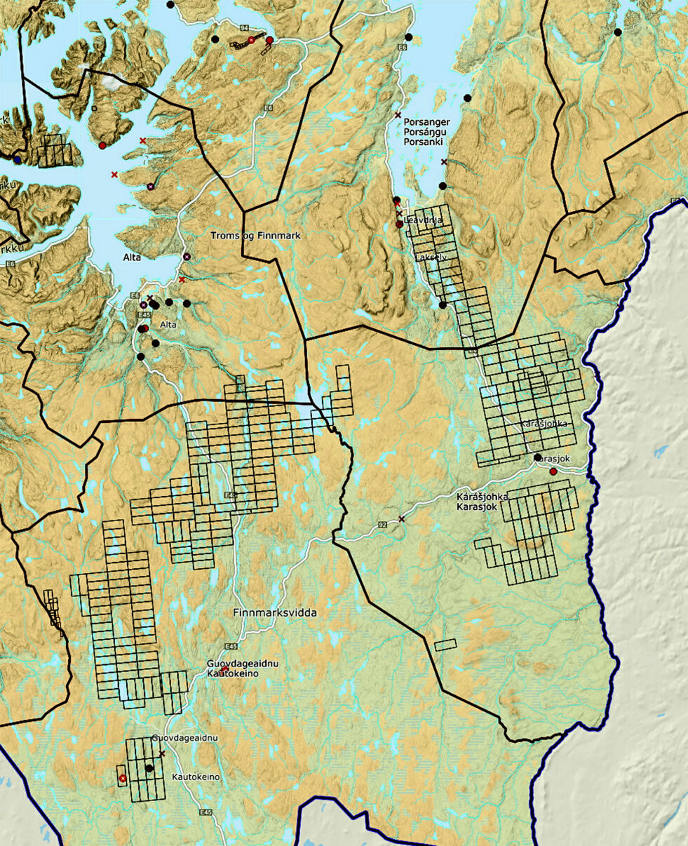 Disse områdene i Finnmark er per juli omfattet av bergrettigheter, med Kingsrose som største aktør.
 Foto: Direktoratet for mineralforval