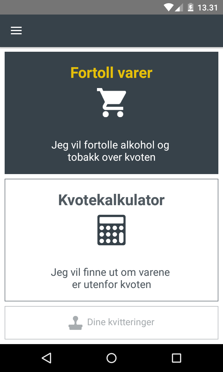 Appen gir deg to valg på forsiden, fortolling av varer og kvotekalkulatoren.
 Foto: Skjermbilde: tolletaten