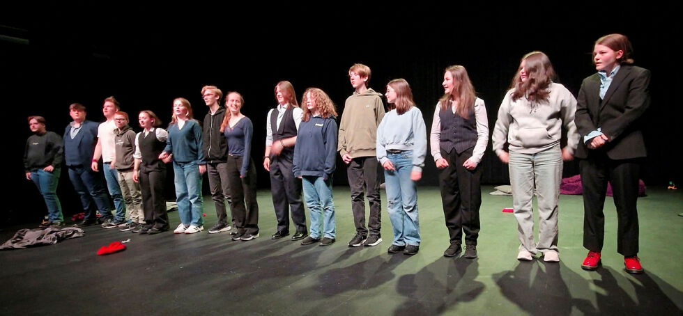 Samovarongan fra venstre Sverre Bye, Haakon Olsen, Jonas Hegstad, Oskar Følstad, Dana Berejkova, Eiril Baustad, Markus Rafaelsen, Ellinor Tannvik, Mariell Lande Kjølås, Hedda Store, Sindre Aven, Ragna Rafaelsen, Lykke Jeszenszky, Annie Ryeng og Aurora Ervik.
 Foto: Hill Haga