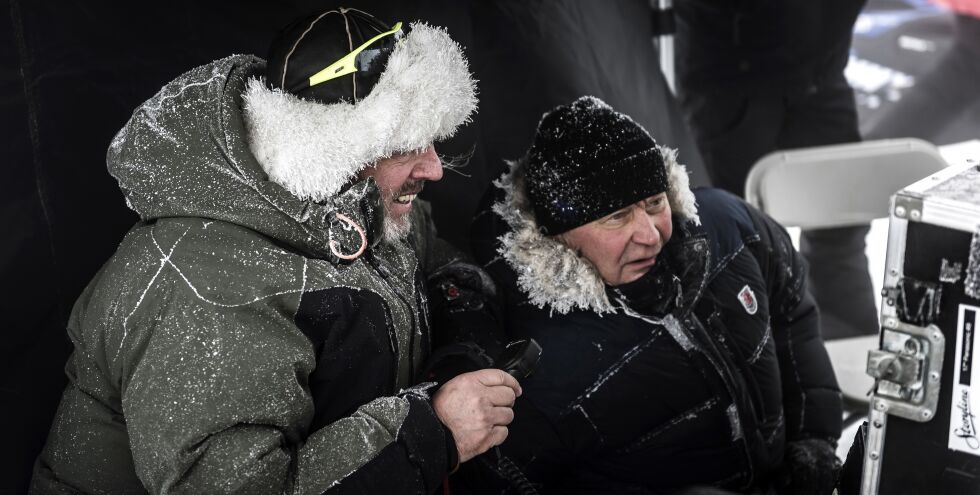 Her ser vi regissør Nils Gaup sammen med fotograf Peter Mokrosinski fra settet til Birkebeinerne.
 Foto:  Ian Brodie, Paradox Film 3