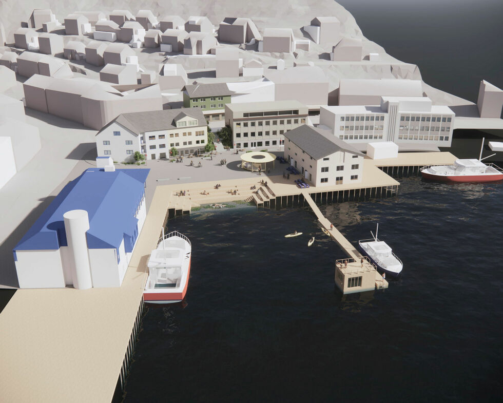 Torg og havneområde med Nordkappmuseet til venstre og Christmas House til høyre.
 Foto: Illustrasjon: Transborder Studios AS