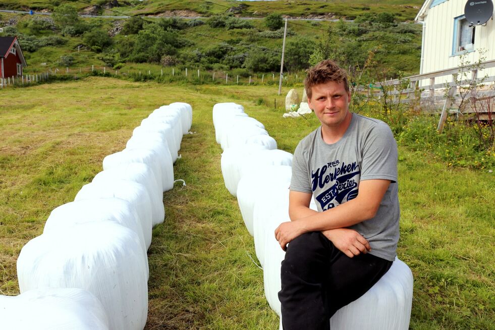 Yngve Akselsen er vel fornøyd, nå hadde han unnagjort 40 rundballer, hver på ca. 70 kilo.
 Foto: Bjørn Roald Lillevik