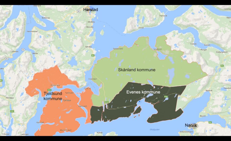 Tjeldsund og Skånlan vil gå sammen, men Evenes vil ikke være med.
 Foto: Maps/Steinar Solaas