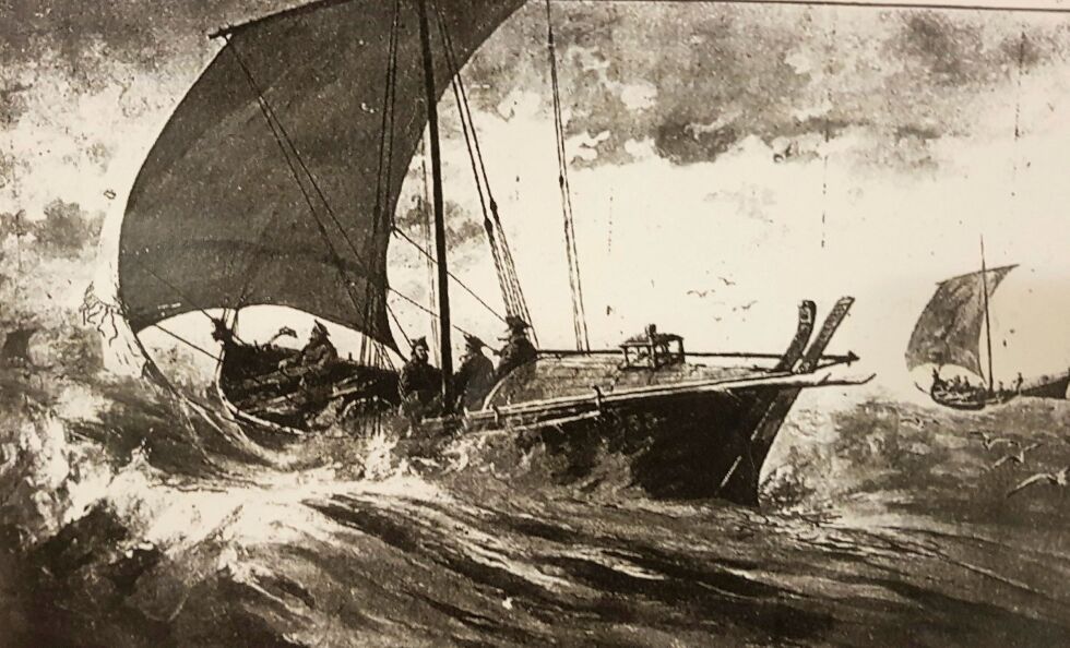 Samiske fiskere vender hjem fra Lofoten. Også kalt verdens modigste sjøfolk. Originaltegning: M.  J.  Burns
 Foto: Tromsø museum