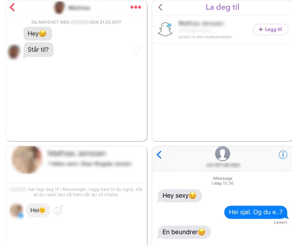 Innimellom blir Tinder-matcher litt ivrige i tjenesten, og sporer deg opp på alle arenaer. Han glemte forresten Instagram. Det er for dårlig.
 Foto: Skjermdump fra Tinder, Snap, Facebook og sms