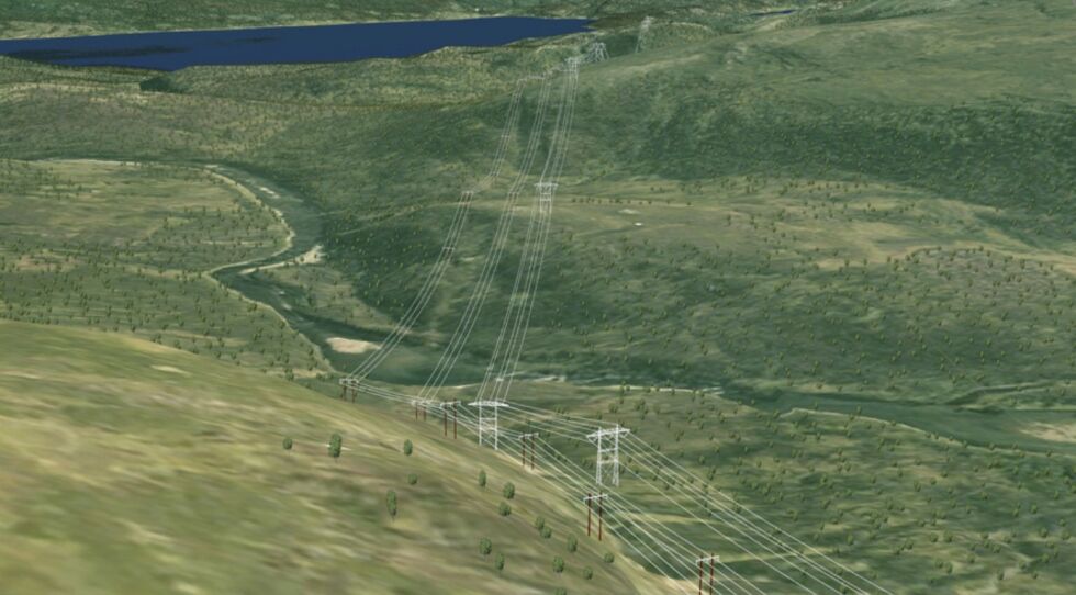 3D-illustrasjon fra Kvænangen. Ledningen vil krysse Navitelva parallelt med de to eksisterende ledningene.
 Foto: Statnett
