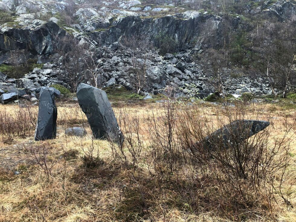 Dis­se em­ne­ne til flot­te bau­ta­stein har sann­syn­lig­vis rast ut i skrå­nin­ga bak. Hvor­for de lig­ger slik de gjør, vi­tes ei.