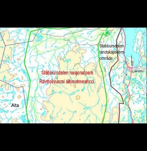 En liten grensejustering i nasjonalparkens nordvestre hjørne (øverst til venstre på kartet)  kan gi Porsanger økt innflytelse i Stabbursdalen. Og "hvem som helst" kan ta initiativ til grensejustering.
 Foto: Kartverket