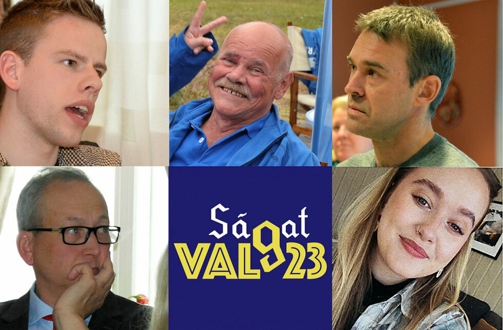 Listetoppene Skjalg Hamnes (Sp), Jardar Jensen (H), Jan Inge Yttervik (ETL), Terje Bartholsen (Ap) og Anna Hagland (SV). I tillegg stiller Venstre til valg med Dag Gaute Gaasemyr på topp og FrP med Bjørge Bjørsvik som listetopp.
 Foto: Steinar Solaas og privat