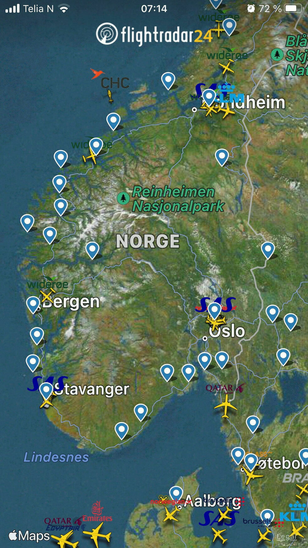Slik så luftrommet i Sør-Norge ut få minutter etter at det ble stengt. Quatar Airways fly fra Doha til Oslo måtte stoppe ferden over Trollhättan i Sverige for å avvente situasjonen..
 Foto: Skjermdump Flightradar