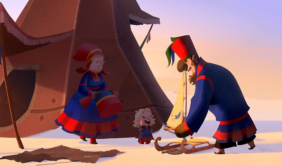 Det samiske blir både synlig og hørbart i denne julefortellingen som er Netflix første egenproduserte helaftens animasjonsfilm. Det er tromsøjenta Neda Margrethe Labba (13) som gir liv til barnefiguren «Margu». Foto: Fra Netflix film «Klaus»